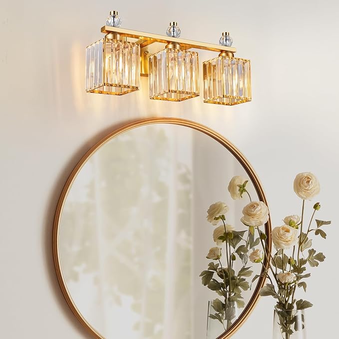 Bathroom Vanity Lights 3-Light Modern Crystal Vanity Light Gold Bathroom Light Fixtures Over Mirror Crystal Bathroom Vanity Lighting Fixtures - Aura Lighting