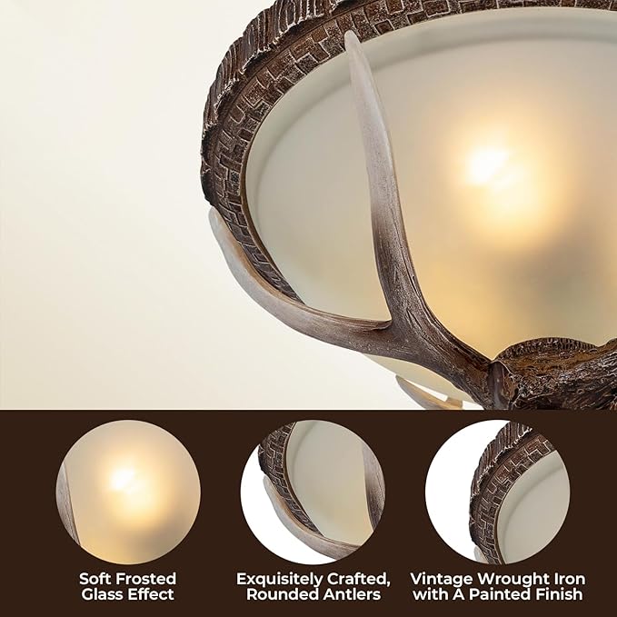 Vintage Antler Resin Ceiling Light, 110V Rustic Chandelier Fixture, 40-60W Retro Deer Horn Pendant Lamp, Decorative Flush Mount Lighting with 3 E26 Bulb Sockets for Living Room Bedroom Dining Room