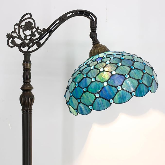 Tiffany Lamp Shade Replacement 12X6 Inch Stained Glass Lampshade Only 1-5/8-Inch Fitter Opening for Arched Floor Lamp, Torchiere Lamp, Pendant Light (Blue)