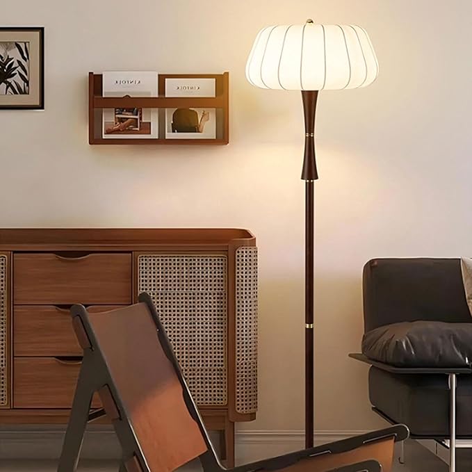 Light Luxury Hotel Bedside Floor Lamp French Wabi-Sabi Style Rubberwood Fabric Standing Lamp H61” E26 3 Tone Light Study Office Torchiere Farmhouse Villa Rustic Lighting Fixture