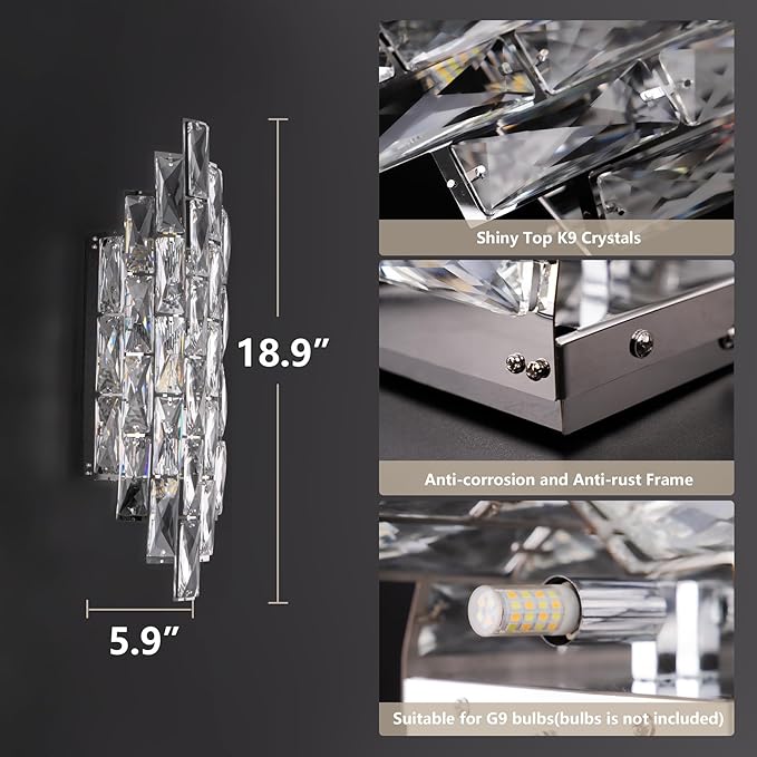 Modern Crystal Chrome Wall Sconces, Wall Light Fixtures, Indoor Wall Lamp, Vanity Wall Mount Lamps for Living Room Bedroom Bathroom Bedside Hallway Stairway - Aura Lighting