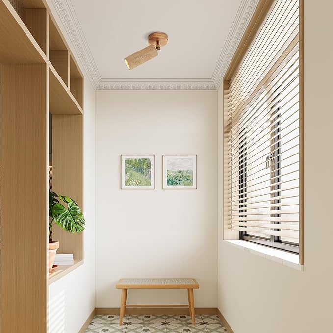 Wabi Sabi Stone Ceiling Spotlight Adjustable Wall Spot Light Wood Base Directional Spotlights Accent Lighting for Kitchen Bedroom Office Gallery E27 Wall Swivel Lamp(Wood)