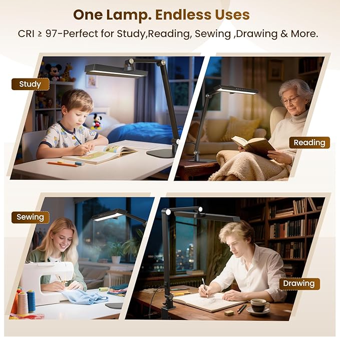 LIONVISON Desk Lamps for Home Office: 2 in 1 Eye-Caring Modern LED Desk Lamp for Worker - 5 Color Temperature 10 Brightness Computer Light - Memory & Timer Func Desk Light for Student, Seniors - Aura Lighting