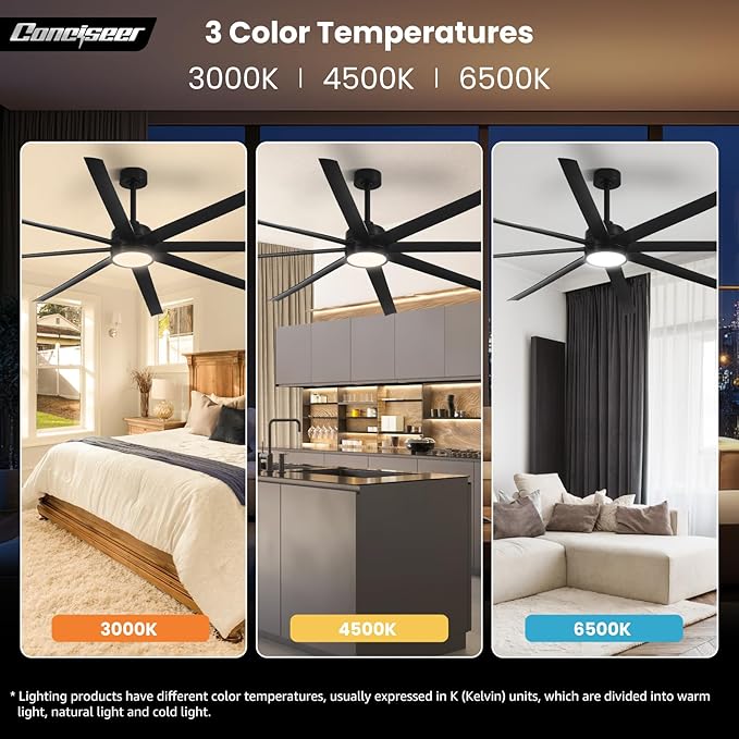 Ceiling Fans with Lights, 84 Inch Ceiling Fan with Light and Remote,Living Room Library Cafe Outdoor/Industrial, 3CCT 8 Blades 6 Speed Reversible Quiet DC Motor, Black/A