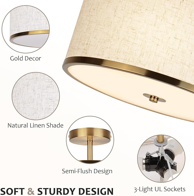 12.6 Inch Semi Flush Mount Ceiling Light, 3-Light Drum Lamp with Gold Brass Finish and Beige Shade, Ideal for Bedroom, Kitchen, Dining Room, Hallway, Entryway, and Foyer, - Aura Lighting