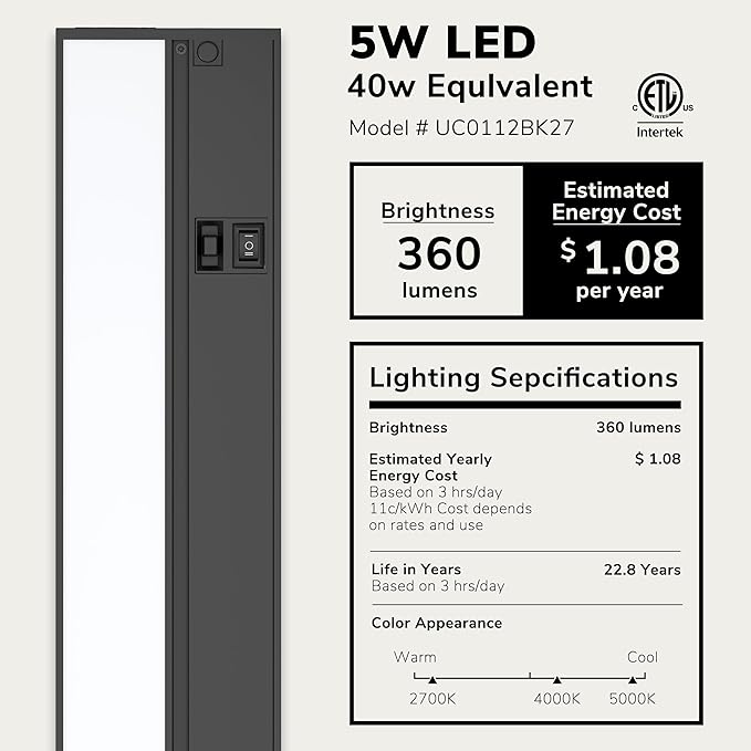 LAGOM Halo Under Cabinet Light, 12‑Inch Hardwired Dimmable LED, 2700K/4000K/5000K, Power Cord Sold Separately, Black, UC0112BK27