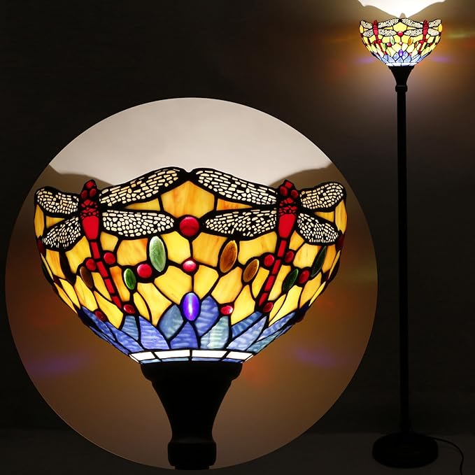 Tiffany Lamp Shade Replacement 12X6 Inch Stained Glass Lampshade Only 1-5/8-Inch Fitter Opening for Arched Floor Lamp, Torchiere Lamp, Pendant Light (Orange Blue Dragonfly)