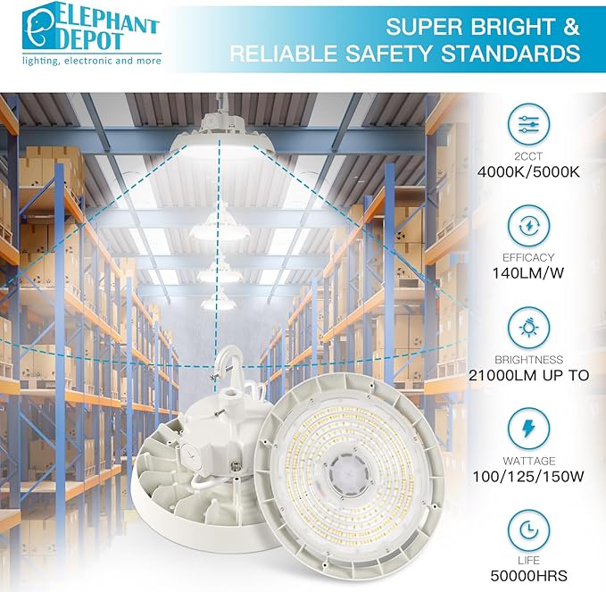 UFO Led High Bay Light, 100/125/150W, Up to 21000LM, 2CCT 4000K/5000K, 0-10V Dimmable High Bay Led Shop Lights for Barn Gym Factory Warehouse,6' Cable Selectable, UL & DLC Listed
