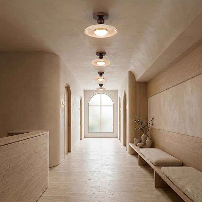 Mid-Century Travertine LED Ceiling Light, 3-Color Dimming Modern Round Natural Stone Walnut Wood Ceiling Lamp, Minimalist Flush Mount Overhead Lighting Fixture, for Living Room Bedroom