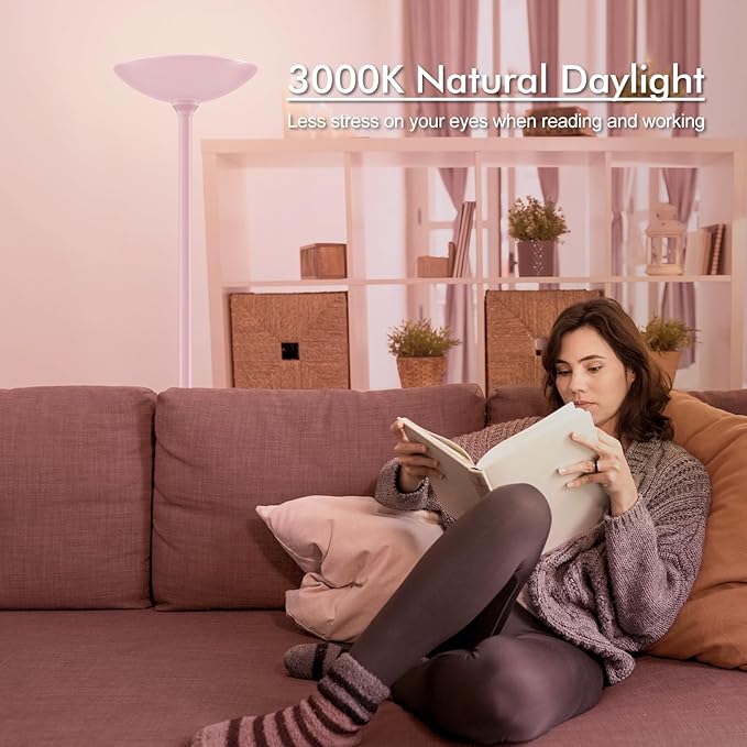 30W Pink Torchiere Floor Lamp, 3600LM Super Bright LED Pole Lamp, 71Inch Tall Stepless Dimmable Torch Lamp, 1Inch Thick Metal Tube, Rotary Switch, Modern Standing Lamp for Living Room/Bedroom/Office - Aura Lighting
