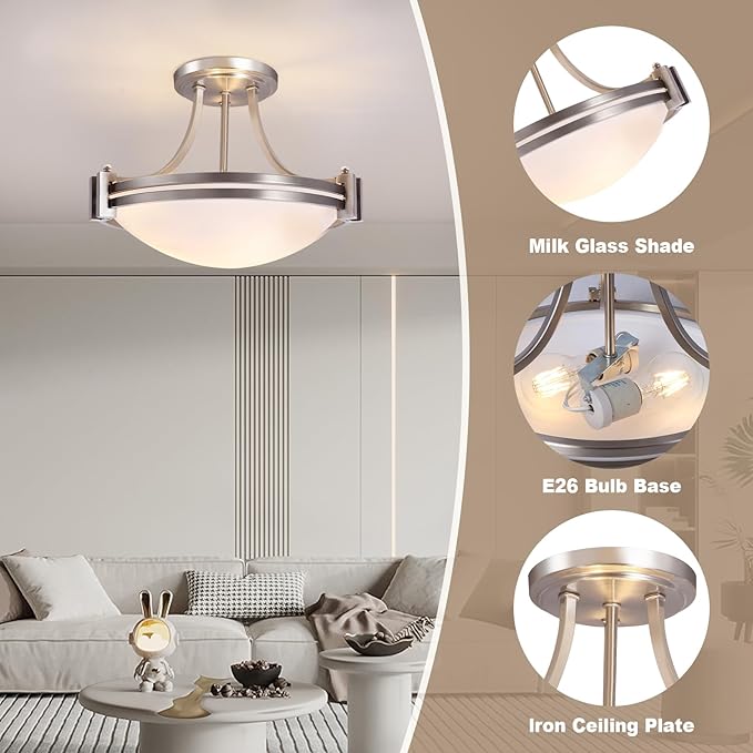 Bektas Semi Flush Mount Ceiling Light Fixture,12inch Brushed Nickel Flush Mount Ceiling Light with Milk Glass for Bedroom,Kitchen,Bathroom,Hallway,Foyer,Dinning Room(2-Lights)