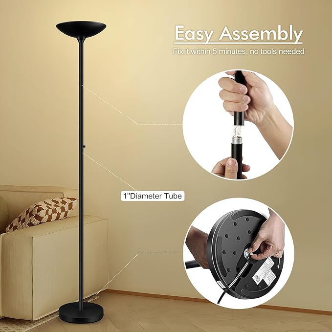 30W Torchiere Floor Lamp - 3600LM Super Bright LED Floor Lamp, 71 Inch Stepless Dimmable Standing Lamp with 3000K Lighting, Rotary Switch, Tall Metal Torch Floor lamps for Living Room/Bedroom (Black) - Aura Lighting