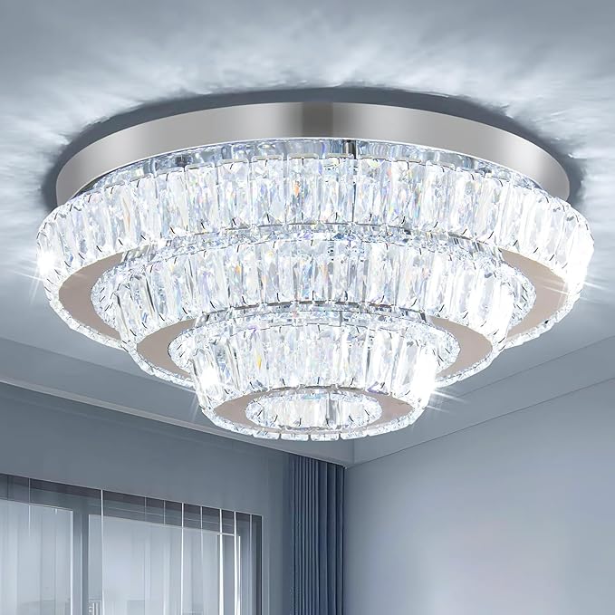 Modern LED Crystal Chandelier 3-Tier LED Ceiling Light Round Ceiling Flush Mounted Chandelier Light Fixure for Dinning Room Bedroom Living Room (Cool White)