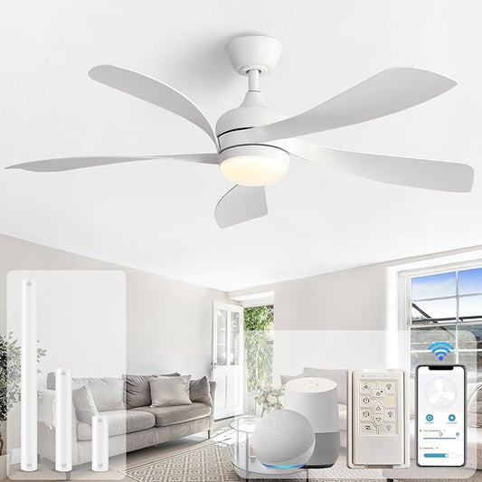 Sofucor 52" Smart Ceiling Fan, Indoor/Outdoor White Ceiling Fans with Lights and Remote, Works with Alexa/Google/App, 3-Color Light 6-Speed Timing Reversible DC Motor for Bedroom Living Room Patio