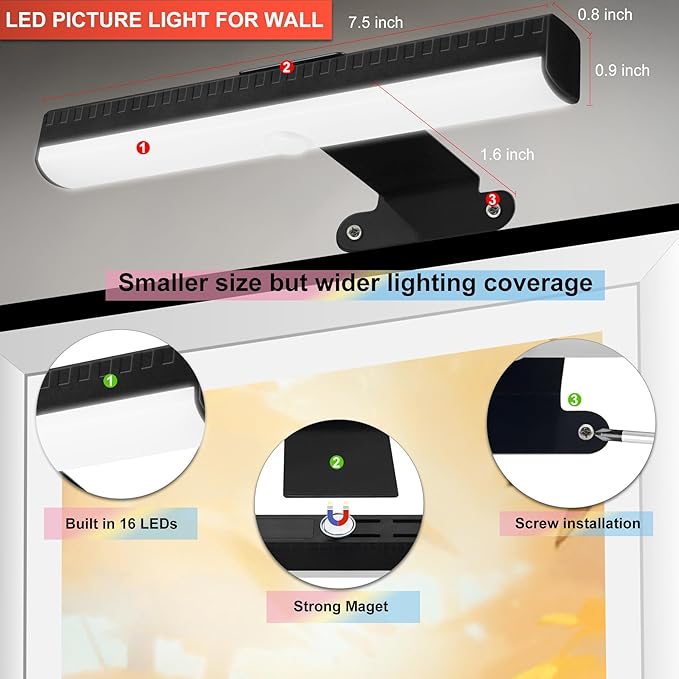4pcs Battery Operated Picture Light with 3 Lighting Color,Painting Light for Wall with Remote,Led for Art Indoor Brightness Dimmable, Timer-Off Display Accent Light for Frame Gallery