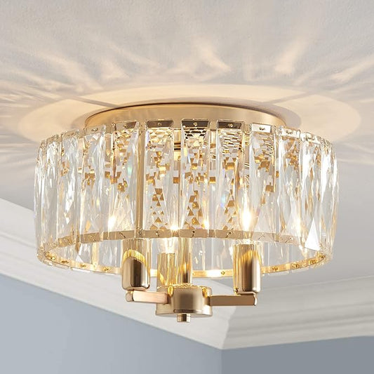 AGV LIGHTING CL002G Crystal Semi Flush Mount Ceiling Light Fixture, E12 Base 3-Lights, D13 x H15, Shine Gold Finish - Aura Lighting