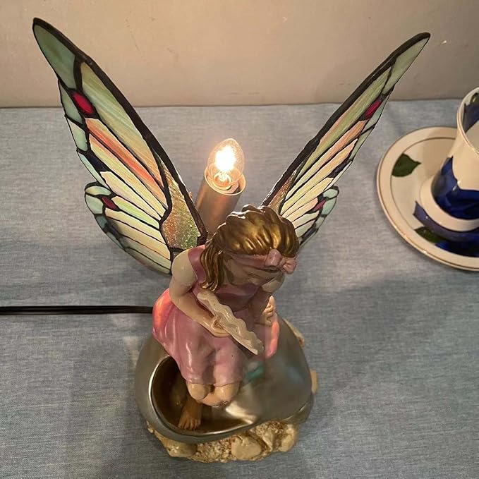 Bieye L10881 Butterfly Girl Sitting on Sea Snail Shell Tiffany Style Stained Glass Accent Table Lamp Night Light for Home Decoration