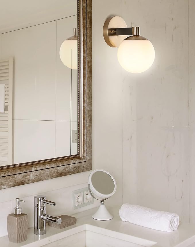 JONATHAN Y 5.75" Brass Gold/Black Modern Globe LED Vanity Wall Sconce Light, White Frosted Glass Shade, Mid-Century Art Deco Wall Lamp for Bathroom, Kitchen, Hallway JYL3540A