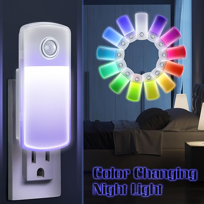 Enhon Emergency Power Failure Night Lights, 5-in-1 Multi Color LED Light, Rechargeable Flashlight with Foldable Plug, Automatic On Off Motion Sensor for Bedrooms, Hallways, Black Outs (9 Pack)