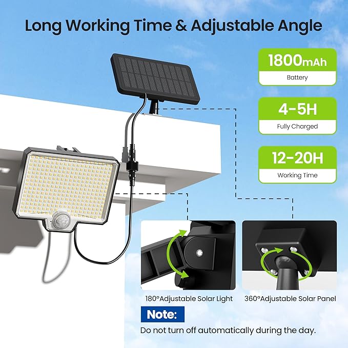 Solar Flood Lights Outdoor, 294 LED Motion Sensor Outdoor Lights, IP67 Waterproof Solar Flood Light for Outside, 3000LM Angle Adjustable Security Spot Lights for Porch Patio Yard Garage, 2 Pack 7500K