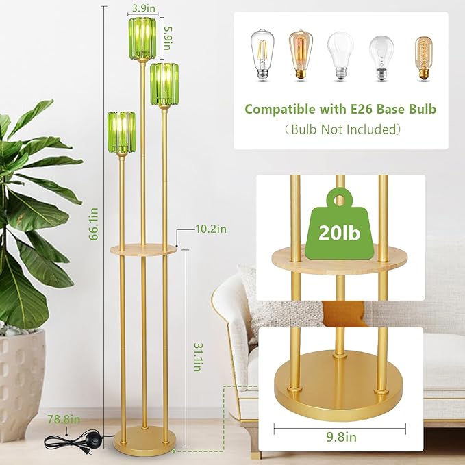 HMVPL Gold Floor Lamp for Living Room, Vintage Floor Lamp with Wood Shelf, Mid Century Standing Lamp with Table, Modern Tall Lamp with Green Crystal Shade, On/Off Switch, Boho Corner Lamp for Bedroom - Aura Lighting