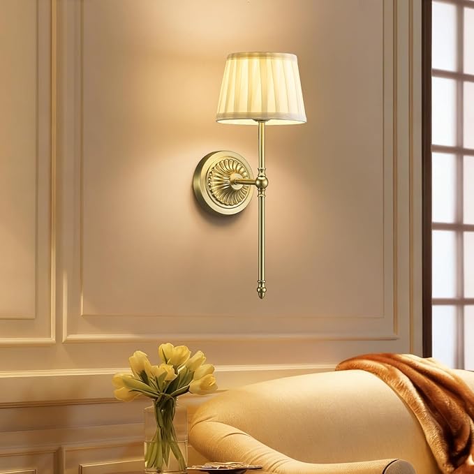 Cordless Wall Sconces Set of 2,10000mAh Battery Operated Wall Sconces Set of Two with RGB LED, Remote, Timer & Dimmable Fabric Gold Wall Lamps for Bedroom, Living Room, Hallway, Night Light (Gold) - Aura Lighting