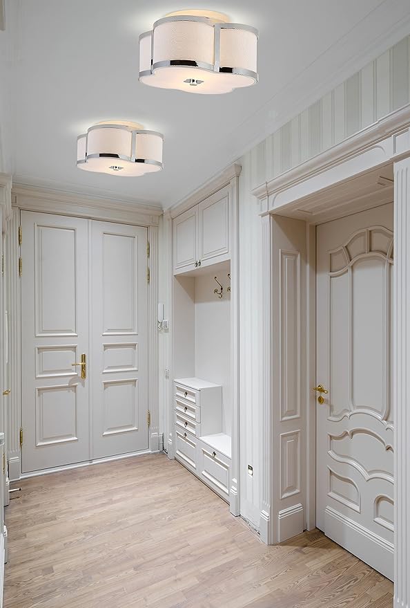 JONATHAN Y 13" Chrome Modern Scalloped LED Flush Mount Ceiling Light Fixture, White Linen Shade Quatrefoil Chandelier for Bedroom Living Room Kitchen Hallway Foyer JYL9507A