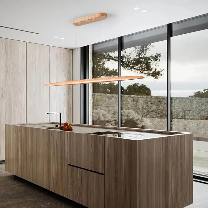 51" 36W Wood LED Linear Pendant Light Fixture Led Dining Room Light Dimmable Hanging Light Fixture for Dining Room Kitchen Island Pool Table Lights Natural Ash - Aura Lighting