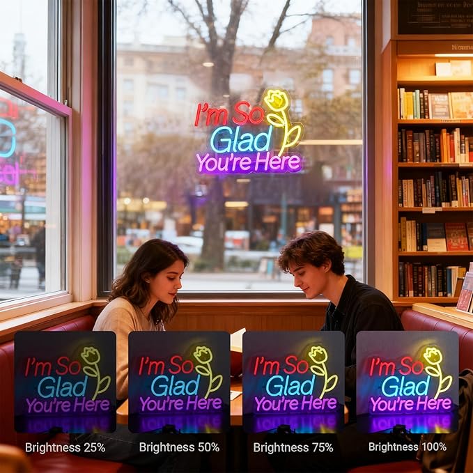 "I'm So Glad You're Here" Neon Sign - Classroom Welcome Decor with Rose, 15.7"x12.2" Multicolor LED Sign, USB Powered & Dimmable, Hanging Chain Included