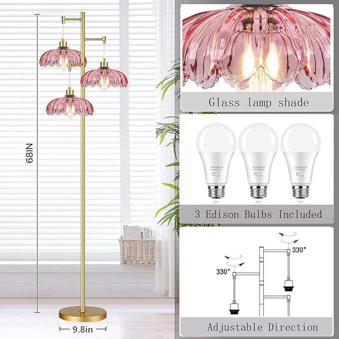 Pink Floor Lamp for Living Room,Bedroom,Gold Flower Mid Century Modern Standing Lamp Brass Tree 3 Light Tall Floor Lamps Vintage Floor Lights Glass Lamp Shade Farmhouse Boho Bohemian - Aura Lighting