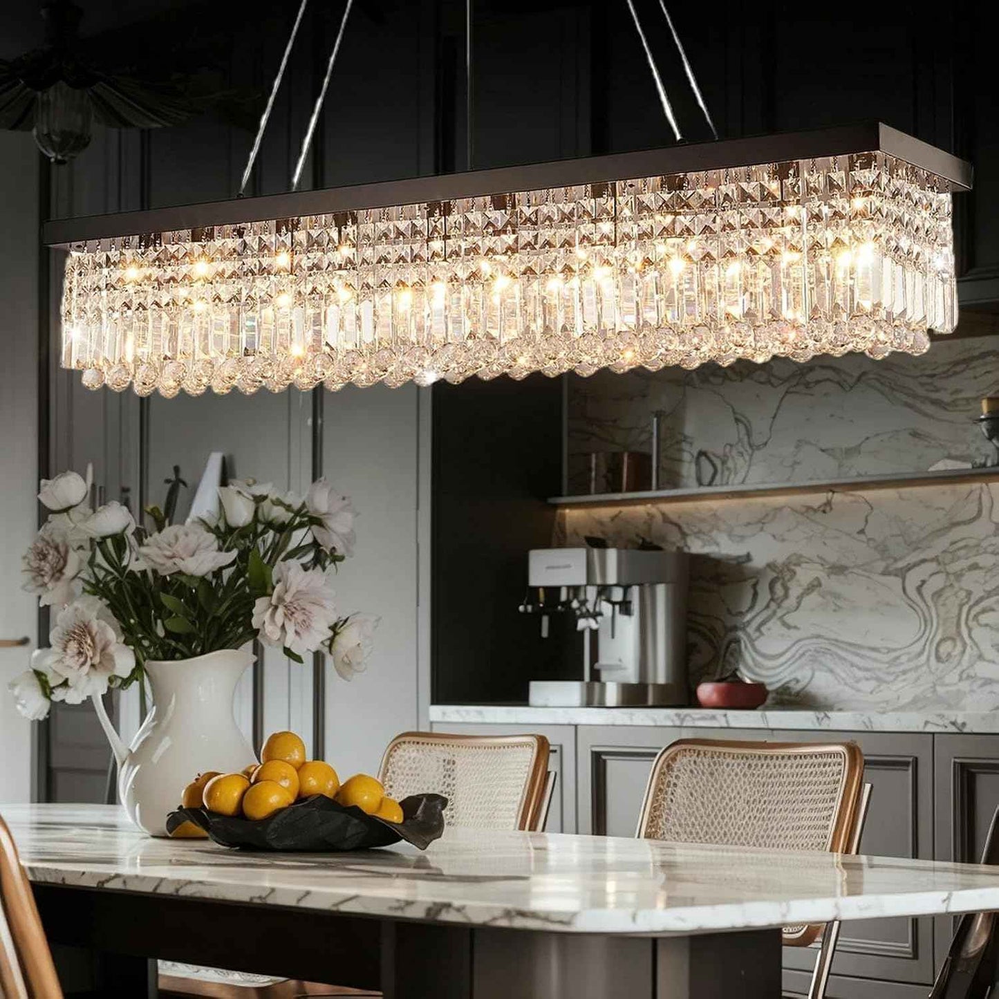 Modern Crystal Chandelier for Dining Room, 8-Light Black Rectangle Pendant Ceiling Light Fixture for Kitchen Island Bar, L40 x W10 x H10