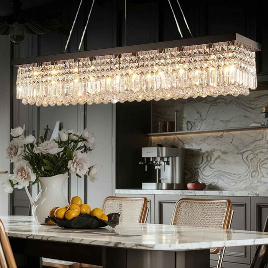 Modern Crystal Chandelier for Dining Room, 8-Light Black Rectangle Pendant Ceiling Light Fixture for Kitchen Island Bar, L40 x W10 x H10
