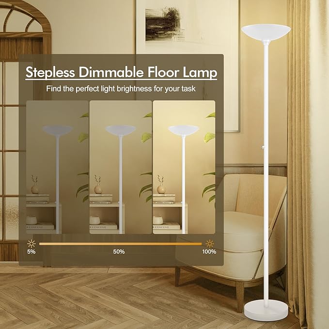 30W Torchiere Floor Lamp - 3600LM Super Bright LED Floor Lamp, 71 Inch Stepless Dimmable Standing Lamp with 3000K Lighting, Rotary Switch, Tall Metal Torch Floor lamps for Living Room/Bedroom (White) - Aura Lighting