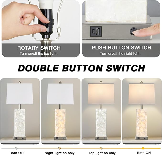 28" Coastal Table Lamps for Living Room, Bedside Lamps with Night Light, USB A+C Ports, Modern Sea Shell Bedside Night Stands Light for Beachy Cottage Decor (Silver 1Pack