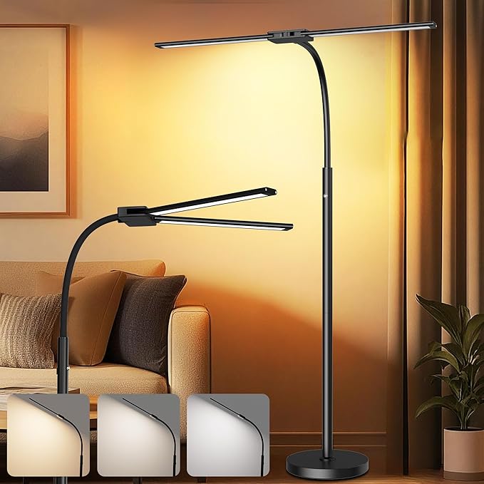 Cordless Rechargeable Floor Lamp, Adjustable Bright Reading Lamps Floor Standing, 15W Dual Head Gooseneck LED Bright Floor Lamp for Dark Rooms with 8000mAh Battery， IP54 Home Lighting