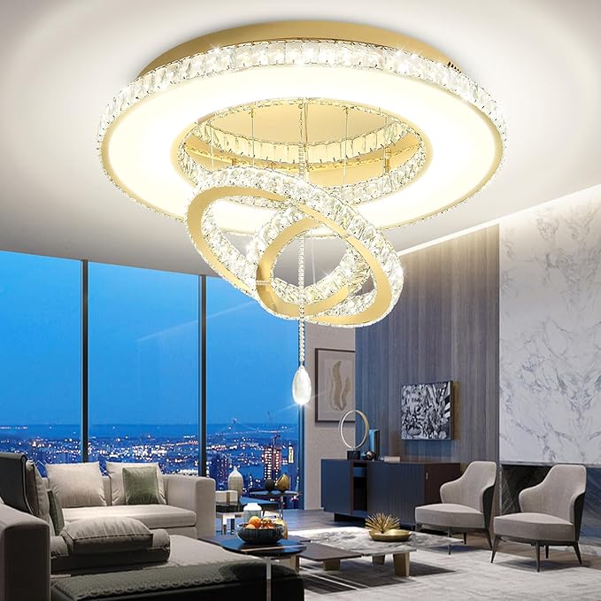 Flashing God Dia 32'' Modern Crystal Chandeliers for Living Room Crystal Flush Mount Ceiling Chandelier Large Chandeliers for Dining Room Bedroom Gold LED Dimmable 3000-6000K