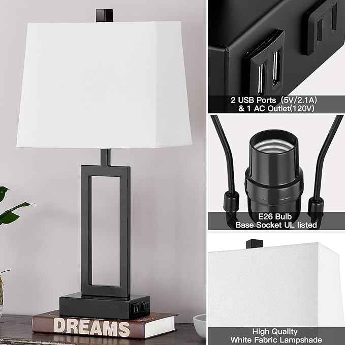 23.5" Touch Control Table Lamps Set of 2, Bedside Lamp with 2 USB Ports & AC Outlet, 3-Way Dimmable Nightstand Lamp with White Linen Shade for Living Room Bedroom End Table Office(2 LED Bulb Included)