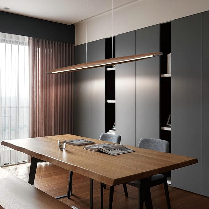 Wood Linear Pendant Hanging Light Fixture Minimalist Light Linear Chandelier Wood Kitchen Island Lighting 40w Dimmable for Dining Room Dining Table Living Room Pool Table Walnut Color - Aura Lighting