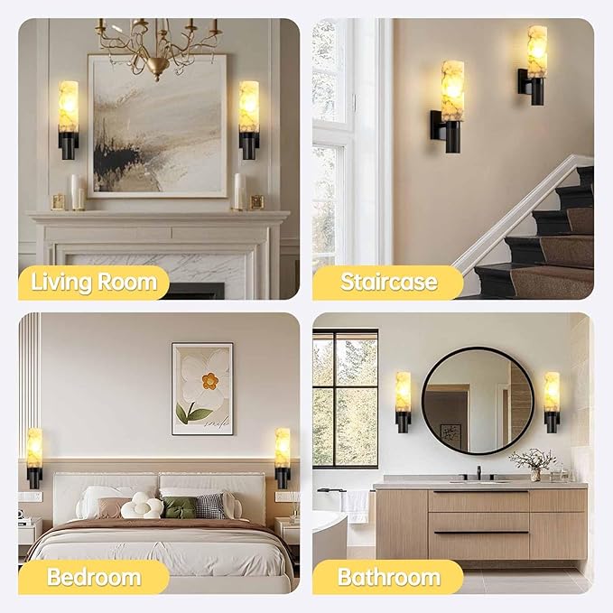 Modern Alabaster Sconce Marble Wall Sconce for Living Room Black Base Bathroom Vanity Wall Sconce Lighting Stone Marble Wall Lamp for Bedroom Corridor Stairs Restaurant - Aura Lighting