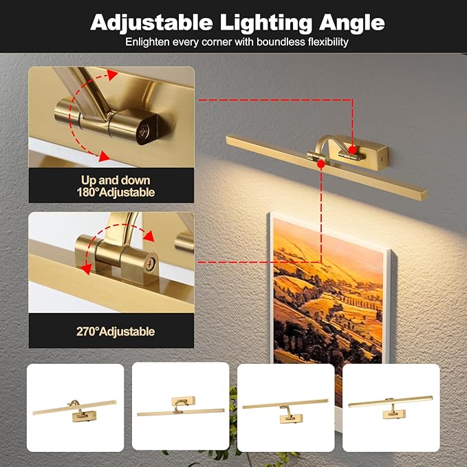 Wireless Picture Lights for Wall,23.5 Inch Brass Art Light for Paintings,Battery Operated Picture Lights with Remote Control,Dimmable Rechargeable Art Lamps for Picture Frame,Gallery