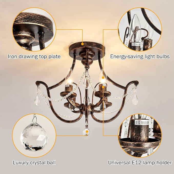 UOFUS Vintage Semi Flush Mount Crystal Chandelier Oil Rubbed Bronze 4-Light Small Metal Ceiling Light Fixture Farmhouse Ceiling Lamp for Foyer Kitchen Entryway Hallway Bathroom Bedroom Dining Room - Aura Lighting