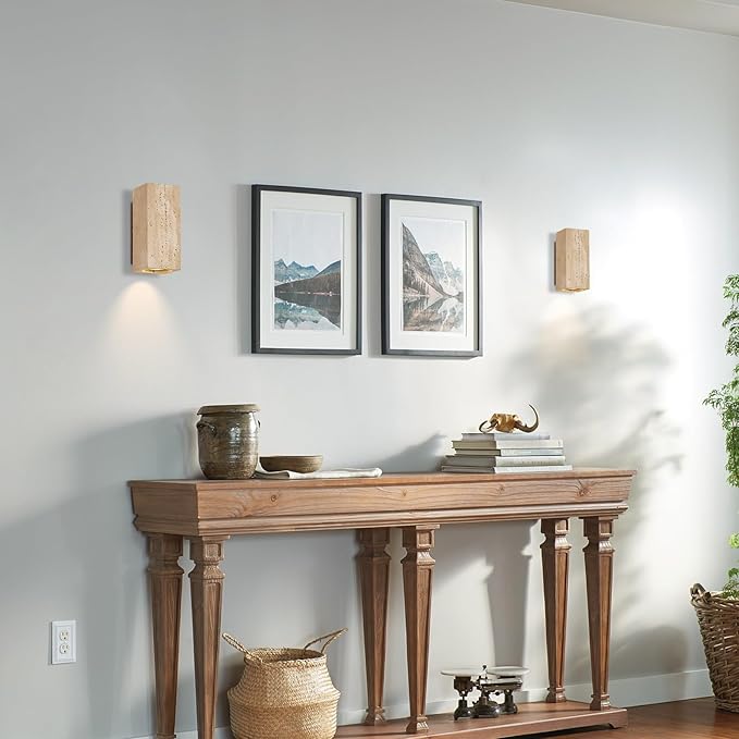 Nordic Modern Marble Wall Sconce, Natural Stone Lampshade with Wooden Base, Yellow Travertine Wall Lamp, Japanese Style Wabi-Sabi Art Lighting Fixture for Bedroom Bedside Hallway Entryway