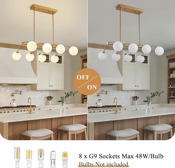 Modern Globe Kitchen Island Lights,Mid Century Bubble Glass Island Light Fixture,8-Light Gold Sputnik Chandeliers,Milk Glass Chandelier for Dining Room,Living Room,Bedroom
