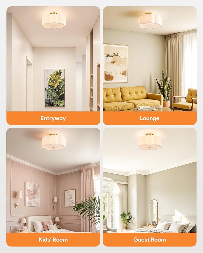 VONLUCE Semi-Flush Mount Ceiling Light, 15.7" Modern 3-Light Ceiling Light Fixture with White Petal-Shaped Shade 3 E26 Sockets for Bedroom Entryway Living Room, Gold Finish, ETL Certificated - Aura Lighting