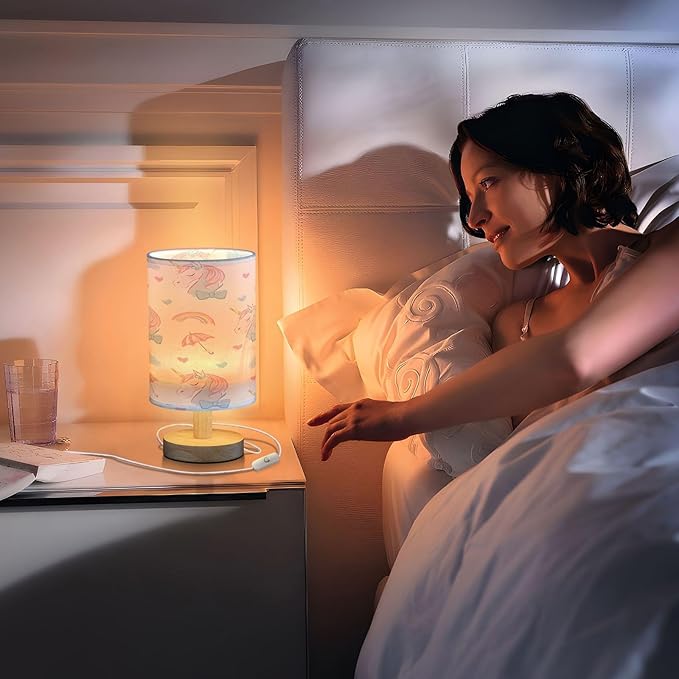 Bolaz Small Table Lamp for Bedroom Unicorn Rainbow Umbrella Pattern Table Lamp Nightstand Lamp for Livingroom Office Reading Working Table Desk