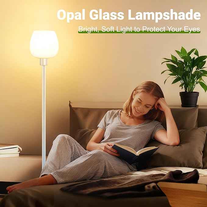 64.2'' White Floor Lamp, Modern Standing Lamp with Opal Glass shade, 3 Color Temperatures LED Bulb Included, Foot Pedal Switch, Tall Pole Standing Lamps for Living Room, Office, Bedroom, Home Decor