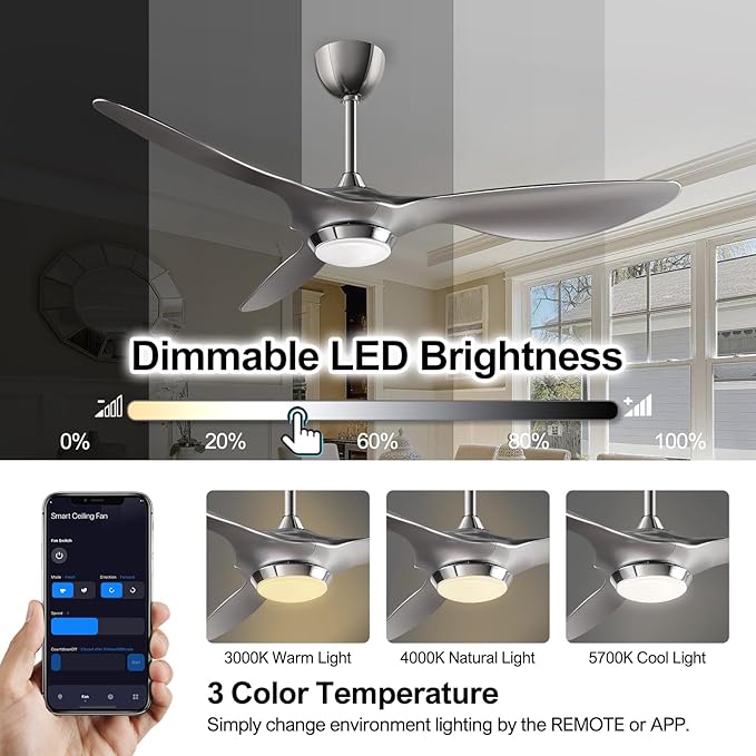 reiga 52 Inch Modern Smart Wifi Ceiling Fan with Light and Remote Control, Living Room Bedroom patio 3 Blade Ceiling Fans with Reversible Mute DC Motor, Silver - Aura Lighting
