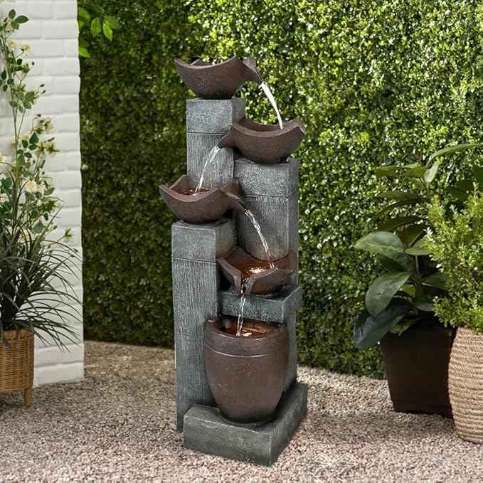 SunJet 39.7” Indoor/Outdoor Garden Water Fountain with Led Lights, 5-Tiers Modern Floor-Standing Cascading Water Feature for Home Deck, Patio, Porch, Yard Decor