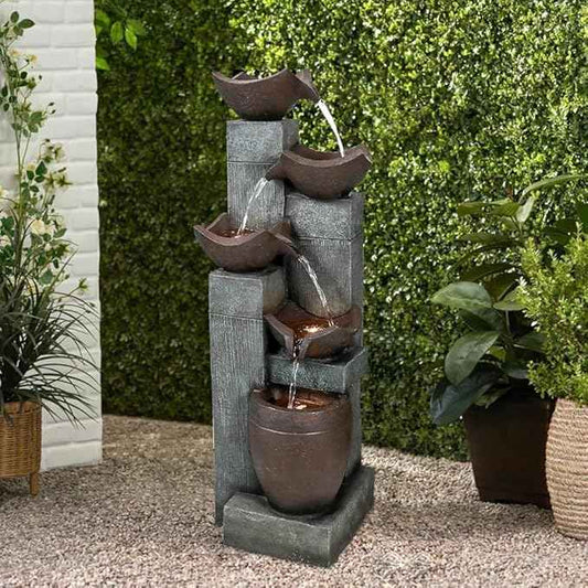 SunJet 39.7” Indoor/Outdoor Garden Water Fountain with Led Lights, 5-Tiers Modern Floor-Standing Cascading Water Feature for Home Deck, Patio, Porch, Yard Decor