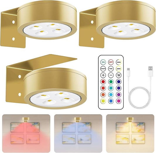 13 Color RGB Magnetic Led Art Display Light, Wireless Magnetic Picture Lights Rechargeable Battery-Powered Wall Frame Lights, Remote Control, and Timer 3Pack Gold